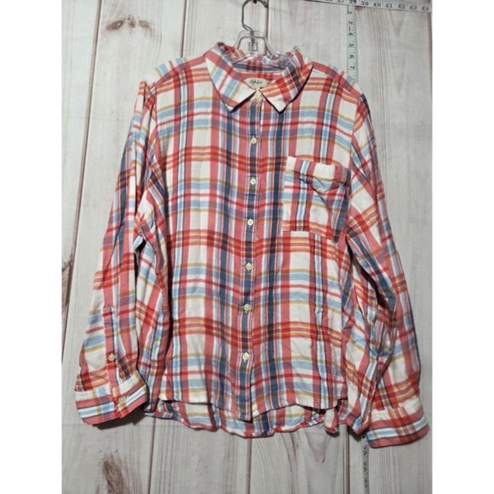 Ladies 3x Style & Co Button Down Shirt Long Sleeve Red Blue White Casual Top